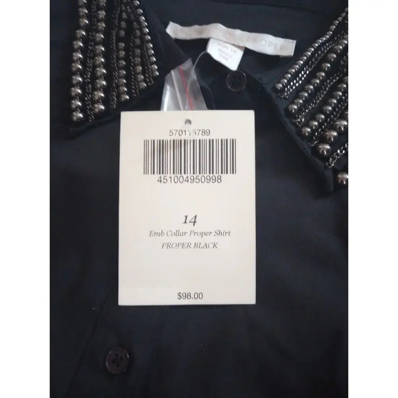 Boston Proper Button Up Blouse SZ 14 New Black Stretch Beaded Collar Long Sleeve - Picture 5 of 8